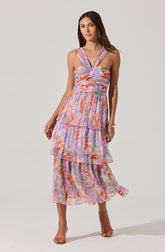 Tiered Floral Cutout Midi Dress