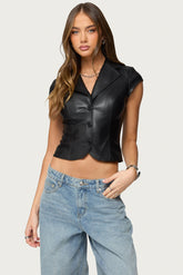 Faux Leather Tailored Button Up Top